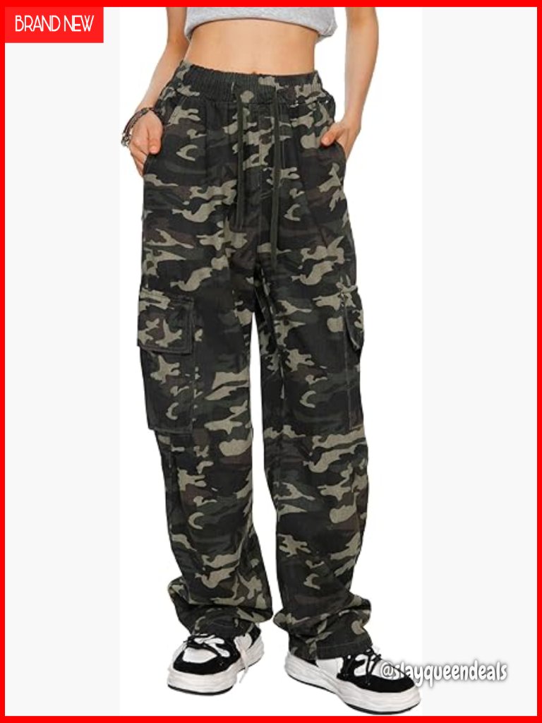 High Waisted Wide Leg Cargo Pants Baggy Elastic Waist Y2k Streetwear